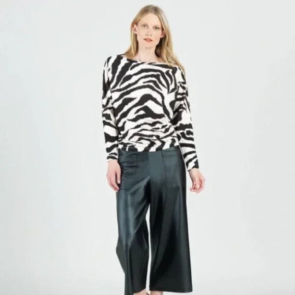 Clara Sunwoo Top M Zebra Print Draped Boatneck Side Ruching  Brown - Picture 1 of 8
